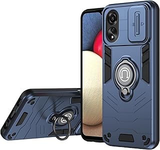 فاسينيشن جراب موبايل متوافق مع اوبو رينو 8T 4G درع كاميرا منزلق، مزيج ناعم وصلب حلقة معدنية مدمجة دوارة 360 درجة لموبايل (ازرق كحلي)، بولي كربونات