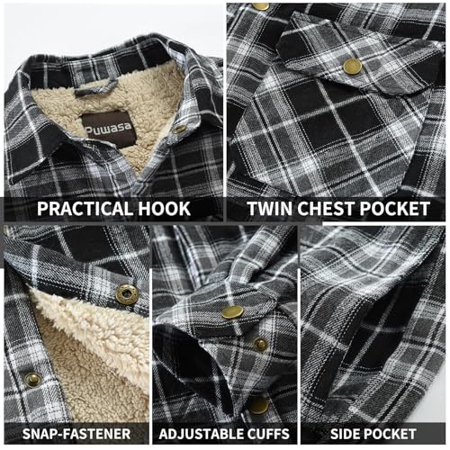 Image of Men's Sherpa Cotton Flannel Shirt Jacket Plaid Button Coat Pocket