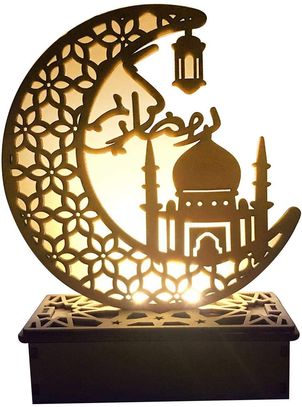 PUPU 3D Wooden Moon Star Lights Ramadan Mubarak :رمضان Islam Church for Eid al-Fitr Party Decoration Light Friends Believers Gifts (Ramadan :رمضان) Ramadan Glowing Night Light Decoration
