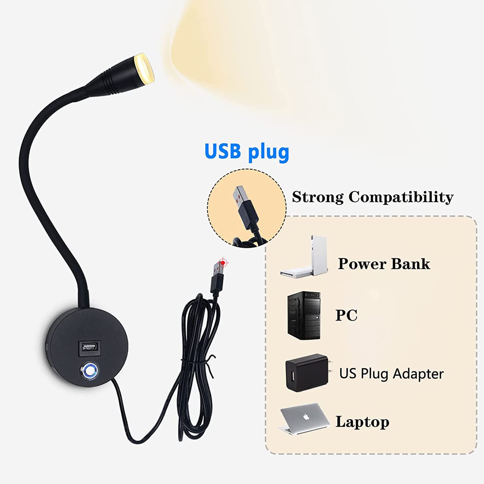 VOMI 3W LED Leselampe Bett Wandmontage Schlafzimmer Wandlampe Dimmbar mit Touch Schalter & USB Port, 2 Stück Wand-Leselampen 360° Flexible Schwanenhals Lampe Schwarz Wandspot mit USB-Stecker