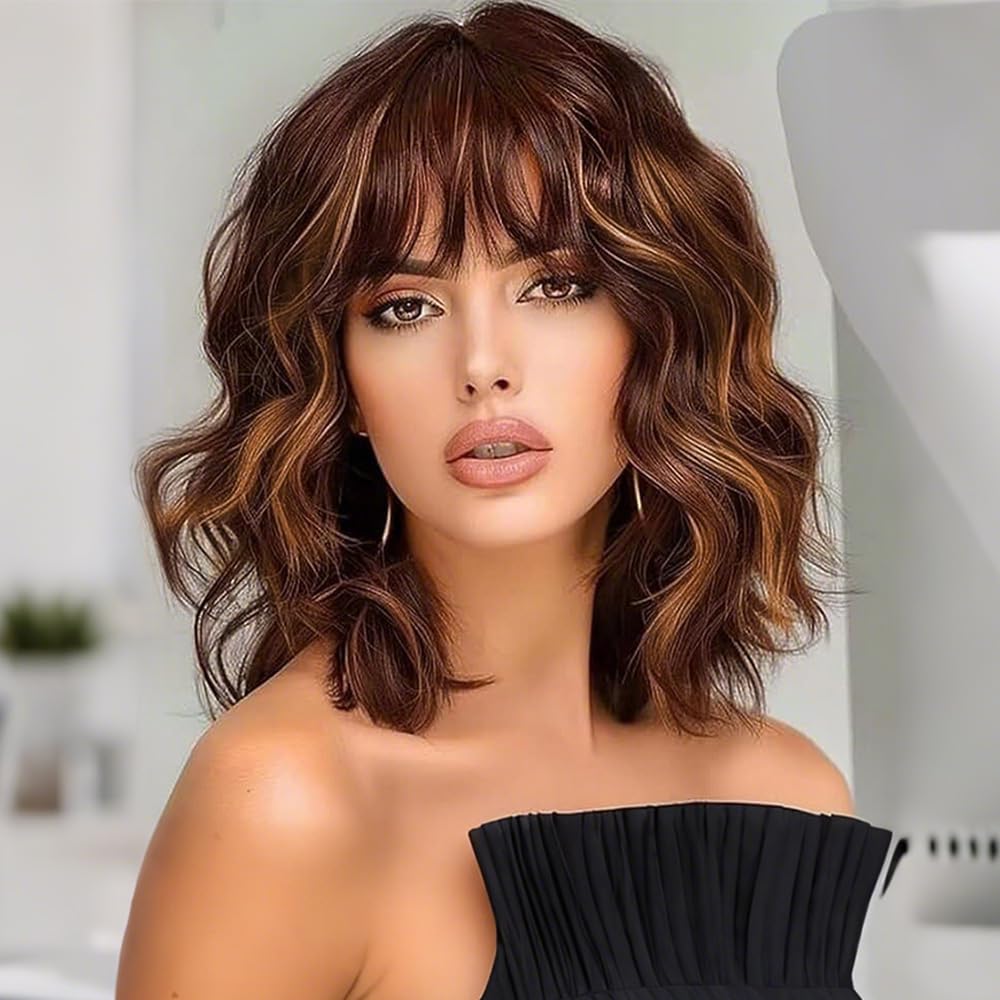 Short Bob Wavy Wig with Bangs for Women Loose Curly Wig Look natural Shoulder Length Bob Wigs H33-30