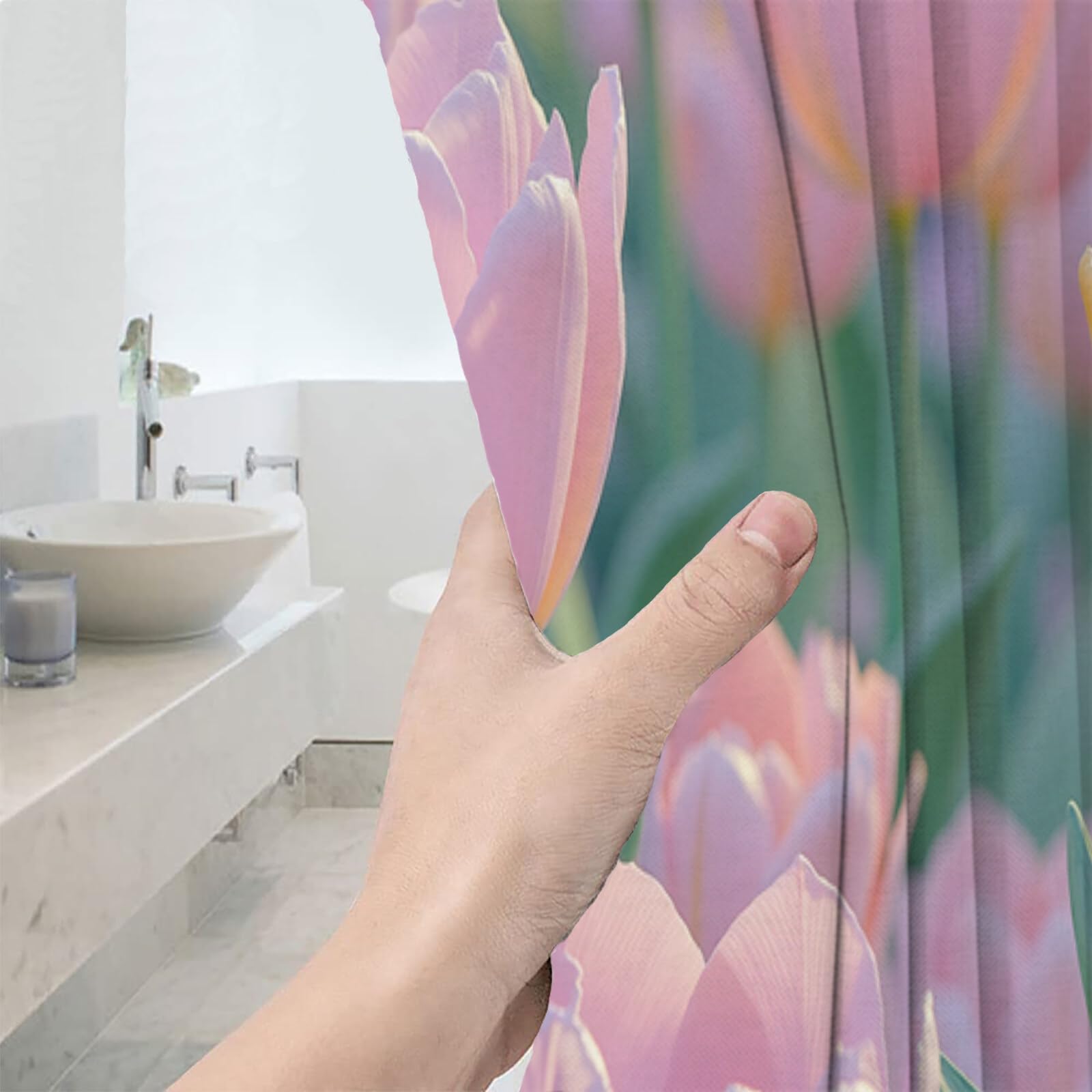 Rideau Douche,Rideau Baignoire Lavable en Machine Rideaux Douche Tissus Lavable Rideau De Baignoire Lavable pour Salle De Bain Domicile Baignoire Famille,Champs De Tulipes,