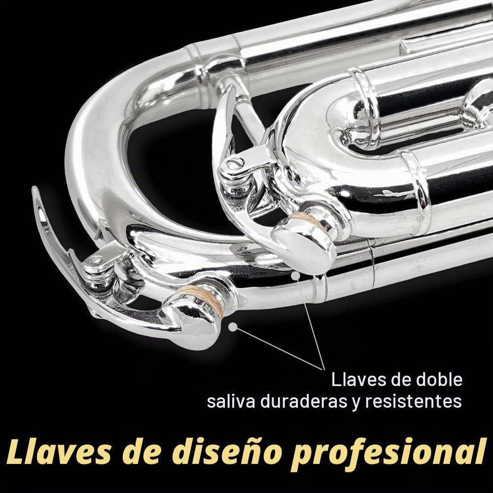 Yinfente Juego de trompeta estándar Bb para principiantes o avanzados, instrumento de trompeta de latón para estudiantes con estuche duro, boquilla 7C, kit de limpieza, guantes blancos plateados