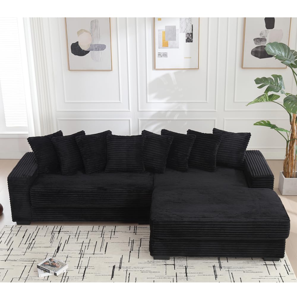 WILLIAMSPACE111" Sectional Sofa Couch for Living Room, Modern Upholstered L-Shape Sofa 3 Seater Couch with Chaise & Pillows, Contemporary Corner Sofa for Apartment, Corduroy (Right-Facing,Black)