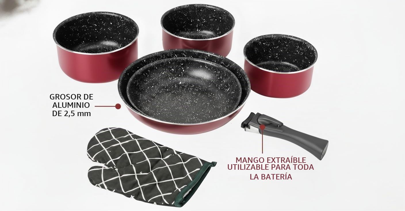 Herzberg - Batería de Cocina - Set de 3 Ollas Inducción y 2 Sartenes Antiadhesivas en Aluminio Forjado - Mangos Desmontables - Guante de Cocina Incluido - Compatible Todo Tipo de Fuegos - Burdeos