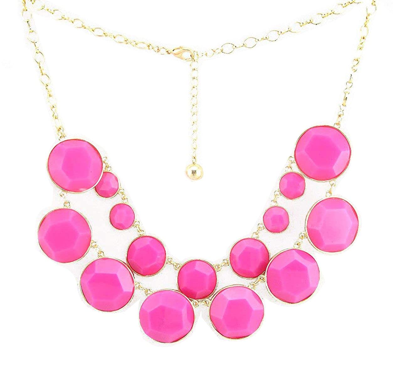 Pink Color Rounds Stones Double Chains Bubble BIB Statement Fashion Necklace - Hot pink