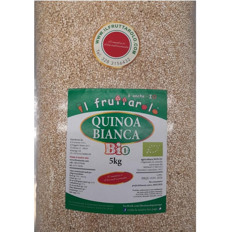 IL FRUTTAROLO Quinoa Bianca Biologica 5 Kg Semi di quinoa bio ottima fonte di proteine perfetta per piatti vegani e ricette salutari. Formato convenienza