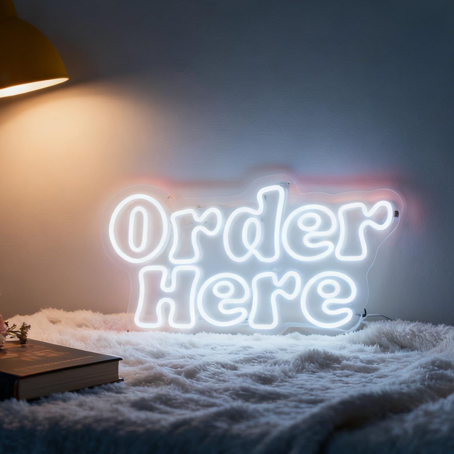 Order Here White LED Neon Sign, Business Bar Shop Restaurant Cafe Store Food Truck Counter Service Area Sign, USB Powered Dimmable Decorative Neon Light for Wall Table Window Door Decor 18.9 x 9.8 In