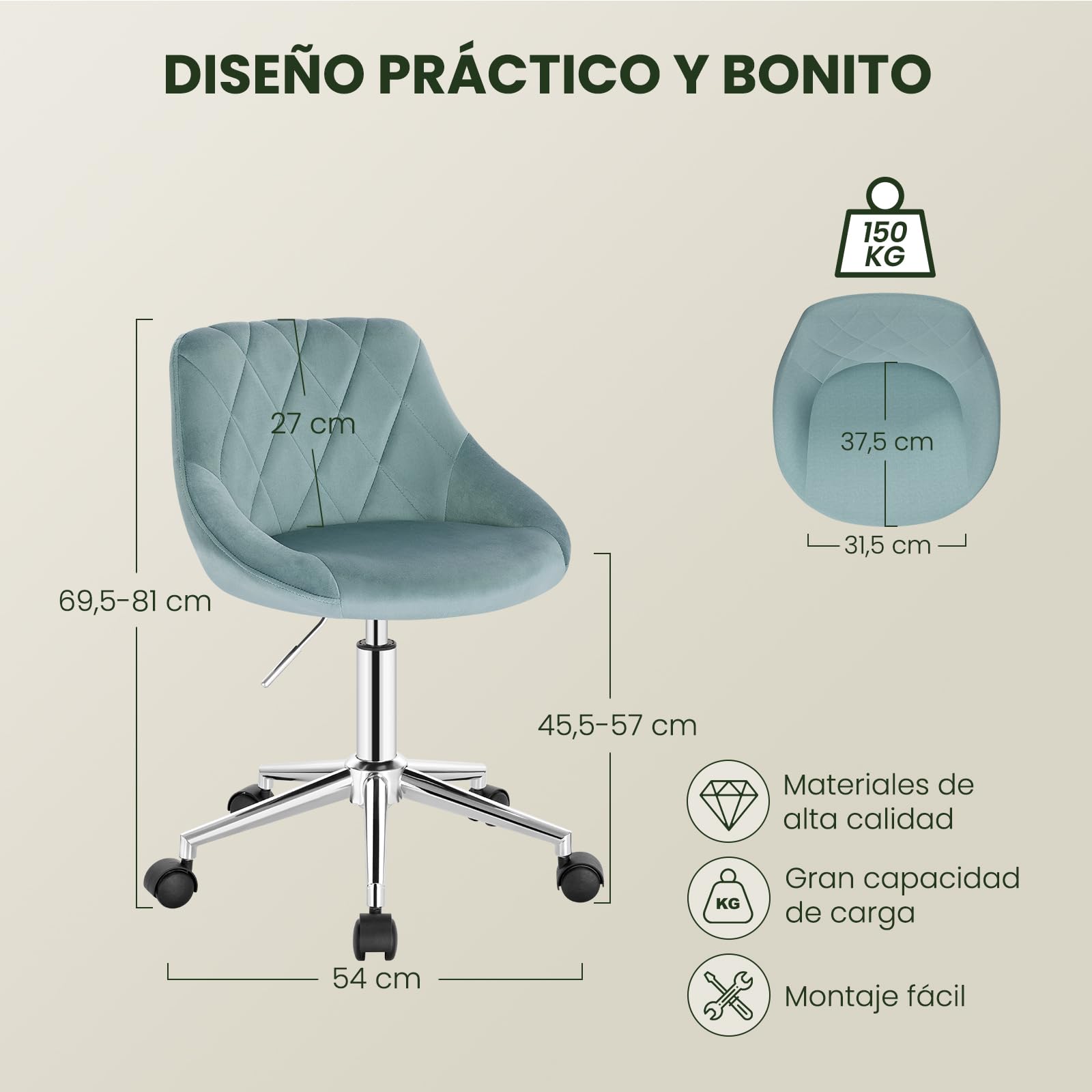 EUGAD Silla de Oficina en Casa, Silla Giratoria, Terciopelo, Turquesa | Silla de Escritorio con Ruedas Taburete de Oficina de Terciopelo, Ergonómica, Altura ajustable