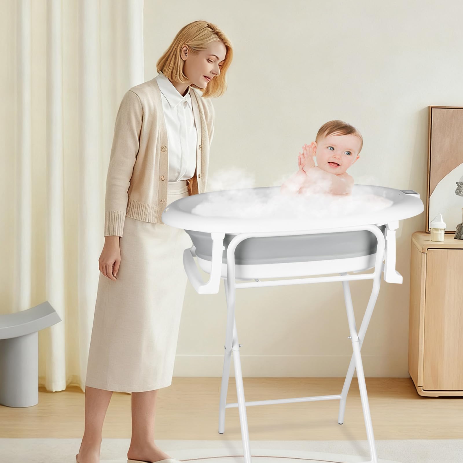 3 en 1 Baignoire Pliable Bébé sur Pied – avec Tuyau de Vidange – Thermomètre Intégré – Coussin de Bain et Sangles d’Attache – Baignoire Pliable Bébé Évolutive – Cadeau de Naissance