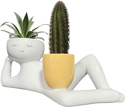 Lazy Guy Planter Pot, 10 Inch Lying Down Figure Funny Plant Pots, Decorative Resin Succulent Planter for Succulents Cactus Home Garden, Unique Cactus Plant Lover Gift