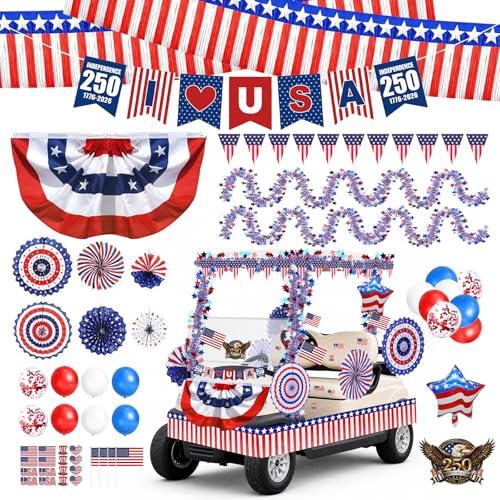 4th of July Golf Cart Parade Decorations 250th Anniversary Decor Kit Red White Blue Decor-American Flags Foil Fringe Garland Pleated Fan Flag  Etc for Independence Day Memorial Day (250th)