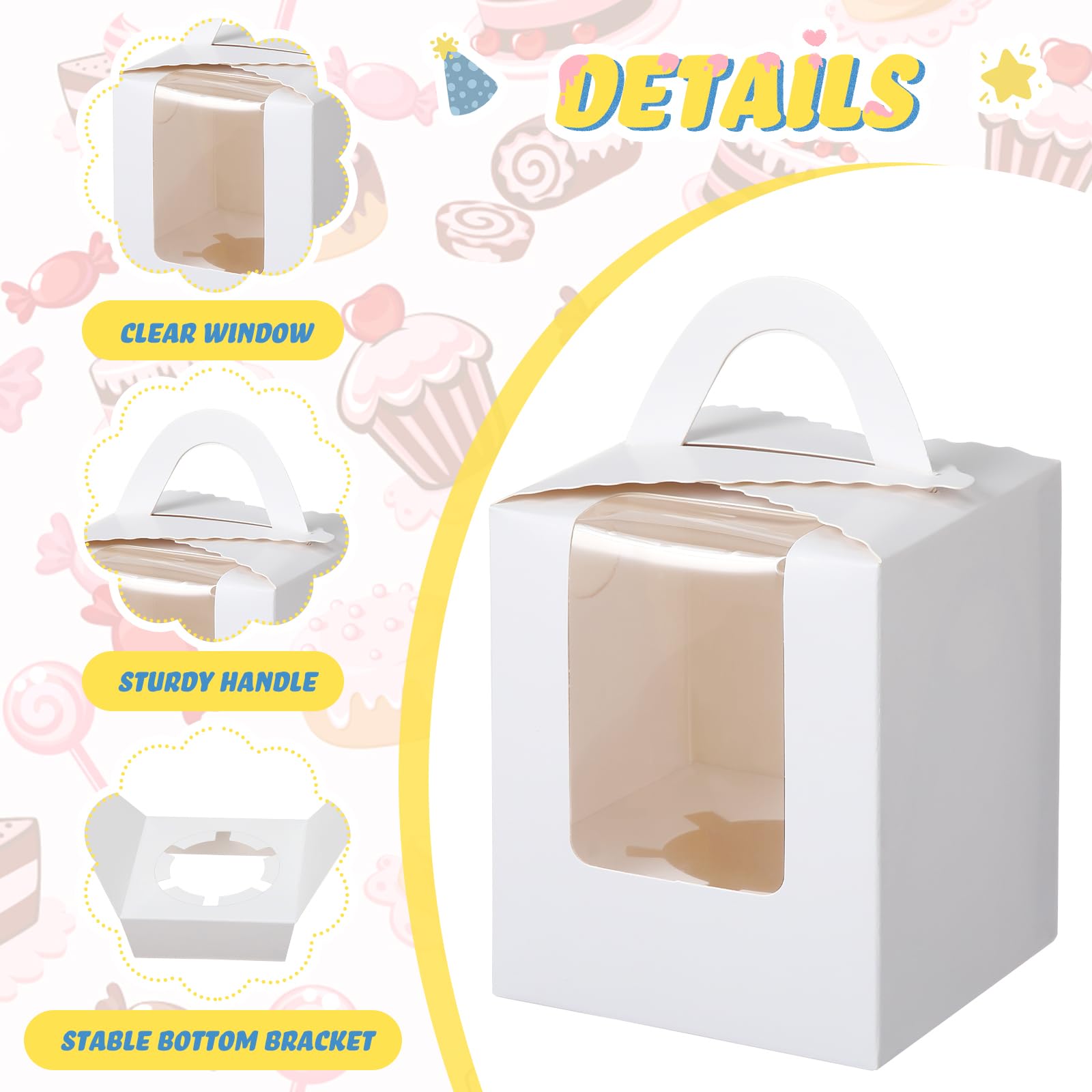 Seajan 200 Pcs Individual Cupcake Boxes with Window Inserts Handle White Gift Packaging Carrier Cupcake Holders Single Cupcake Container for Wrapping Party Favor Packing Wedding Birthday Treats
