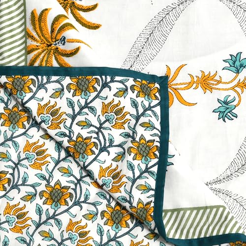Image of BLOCKS OF INDIA Hand Block Printed Cotton Single Size Reversible Malmal Dohar for Summer (Yellow Tree)