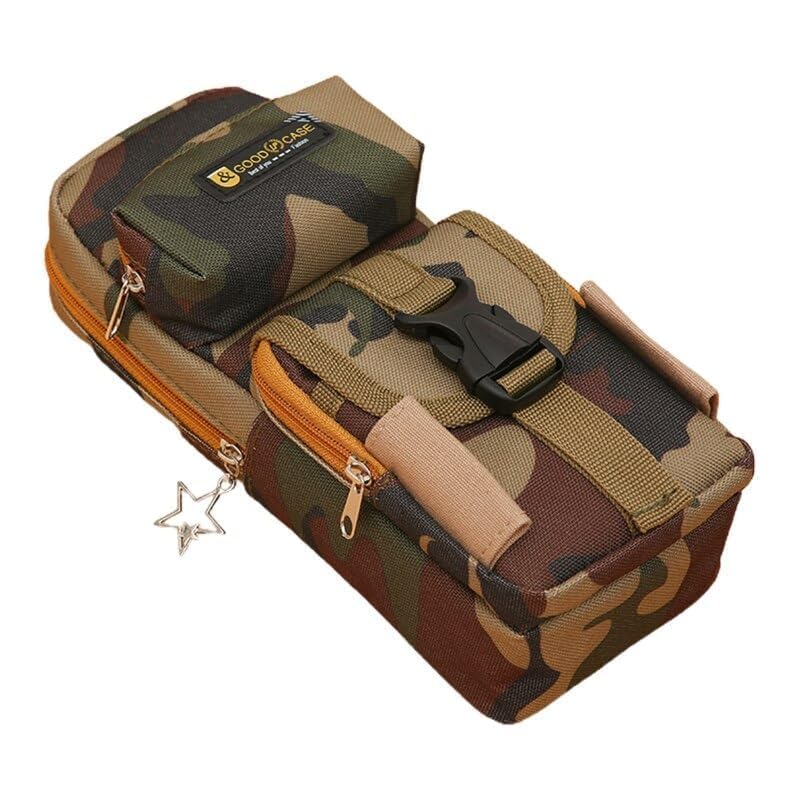 Kiddie Galaxia Oxford Fabric Camouflage Pencil Case 5 Layer 3 Compartments Large Capacity Cute Zip Closure Aesthetic Holder Organizer Bag Multifunctional For School (Pack Of 1, Multi Color, Brown)