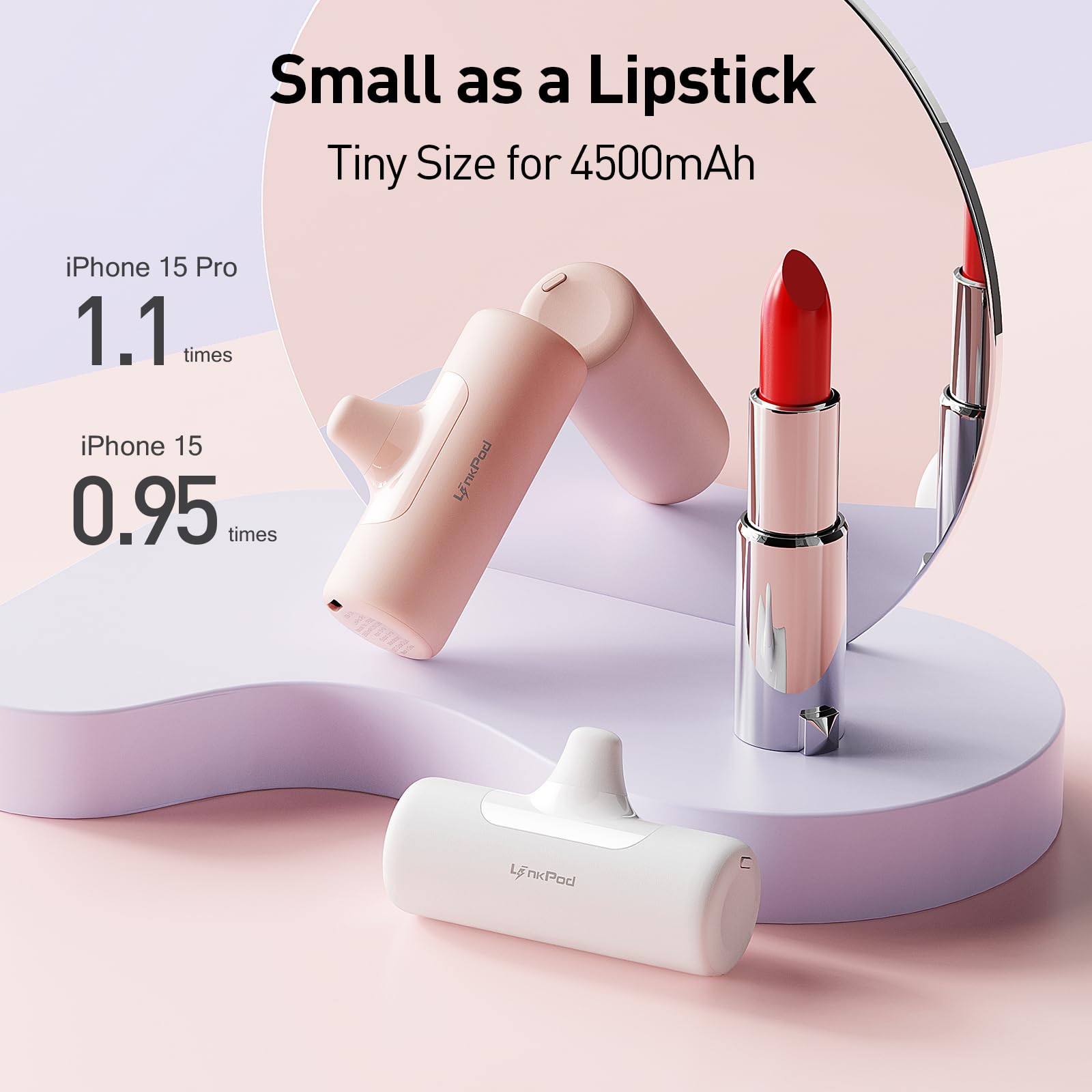 LinkPod Portable Charger with Small Size,New Upgraded 15W 4500mAh Power Bank with Built-in USB-C Connector Compatible with iPhone 15/15 Plus/15 Pro/15 Pro Max,iPad,Black