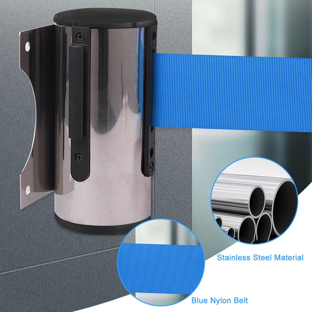 5M Cinturón Barrera Retráctil para Montaje en Pared Queue Barrier Seguridad Barrera Cinturón Queue Barrier Acero Inoxidable Cinturón de Seguro para Crowd Control Azul