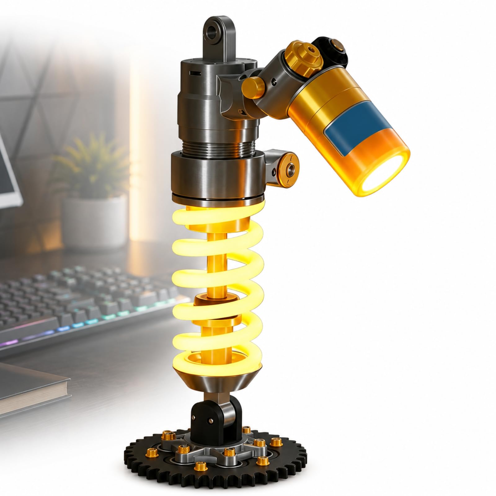 Tischleuchte Mit Stoßdämpfer-Design, Schreibtischlampe Mit Federungsdetail Und Schraubenfeder, Mechanische Tischleuchte Für Werkstatt, Spielzimmer Und Als Geschenk Für Autoliebhaber