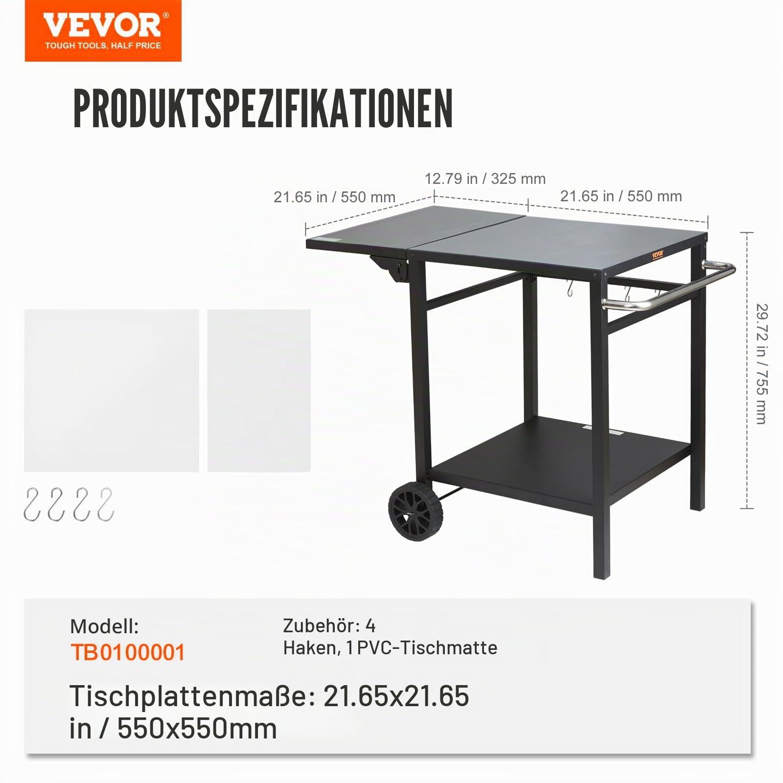 VEVOR Grillwagen Küchenwagen 97,2 x 64 x 75,5 cm Outdoor Servierwagen mit Doppelter Ablage, Beweglicher Grilltisch für die Zubereitung von Speisen, Multifunktionale Tischplatte aus Eisen Schwarz