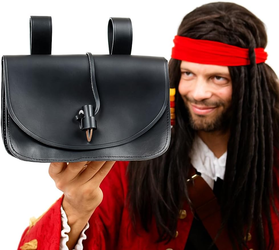 Mythrojan Leather Belt Pouch Viking Leather Purse Vintage Waist Bag Medieval Renaissance LARP Bag Cosplay Costume Accessory for Reenactments, Medieval Events - Black, 9.6” × 6.5” - Image 8