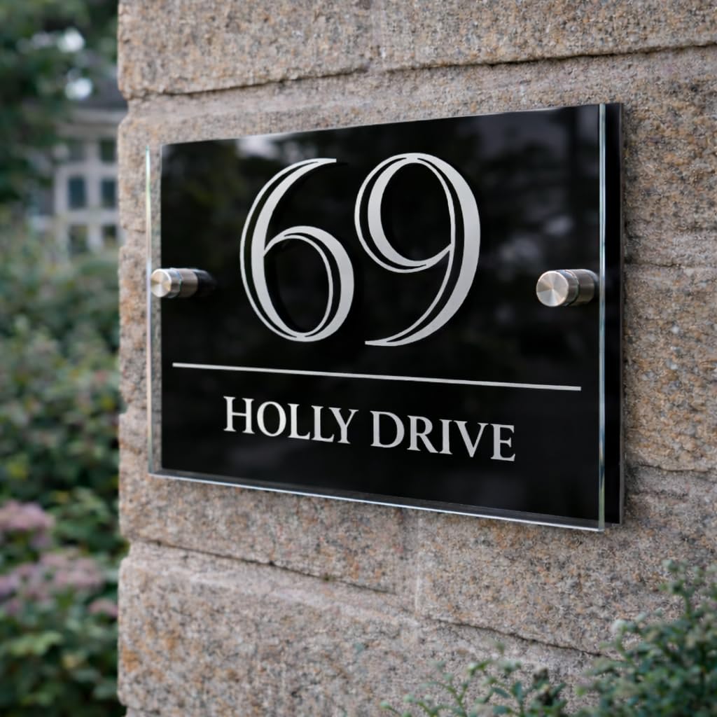 Personalised House Numbers Plaques by Blitz Craft | Glass Effect Acrylic and Black Aluminium | Custom Address Text with Door Numbers for Outside, Weatherproof Design with Fixings (200x130mm) D005