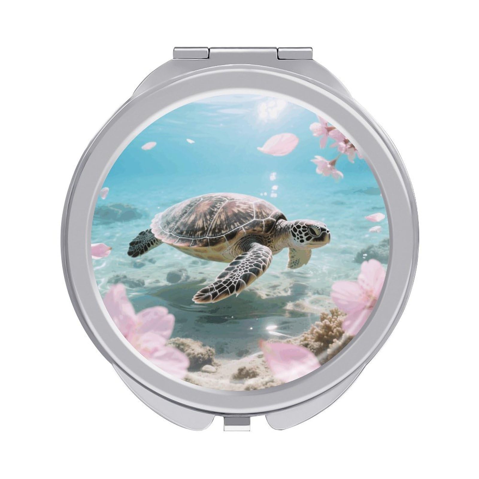 VstaDank Sea Turtle Cherry Blossom Makeup Mirror Beautiful Compact Makeup Mirror Silver Mirrors Surface Folding Makeups Lightweight Travel Makeups Mirrors for Suitable Handbag and Purses