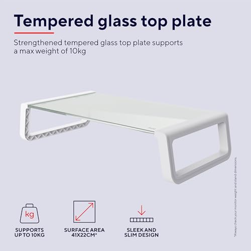 Monta Supporto per Monitor Ergonomico 41 x 22 x 10 cm, Rialzo Monitor da Scrivania in Vetro Temperato, Organizzatore Scrivania per Laptop Computer Notebook PC Portatile Desktop Ufficio - Bianco - Tastiera gaming - Immagine 2