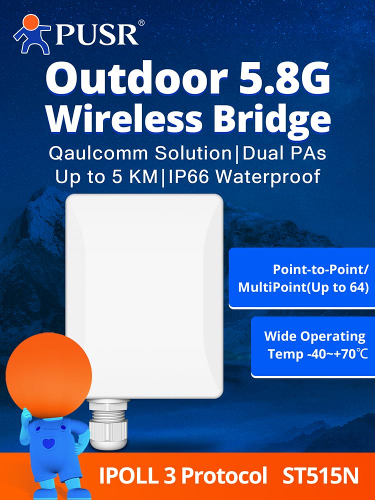PUSR Point to Point/MultiPoint Gigabit Wireless Bridge Dual Band 5.8G WiFi Ip66 Waterproof Up to 5KM 300Mbps High Speed 15dBi High-Gain Antenna 100Mbps LAN Port Outdoor CPE USR-ST515N?1 Pack?