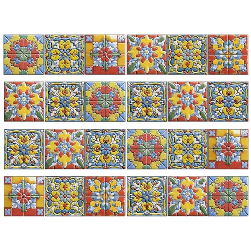 Ensemble de stickers muraux scandinaves 24 pièces Art esthétique Motifs floraux Décoration murale DIY, Rouge, 15×15 cm