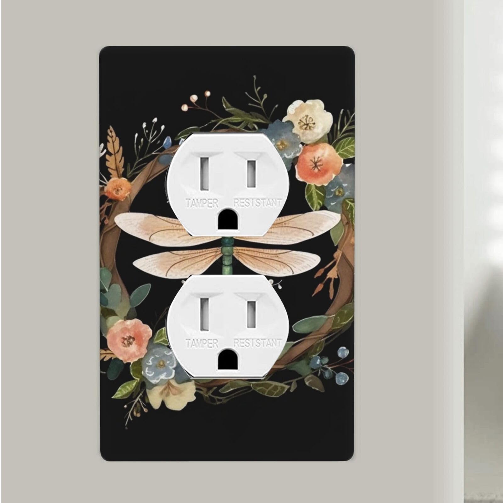 Image Of Dragonfly In Wreath Duplex Receptacle Outlet Covers, 1-Gang Standard Size Wall Plates Unbreakable Polycarbonate Electrical Switchplate Cover Faceplate For Bathroom Kitchen Decor