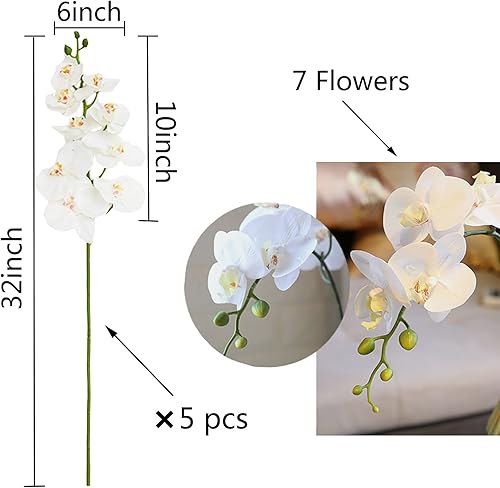 Miniatura 2 de FagusHome Flores artificiales de Phalaenopsis de 32 pulgadas, 5 piezas de orquídeas artificiales para decoración del hogar
