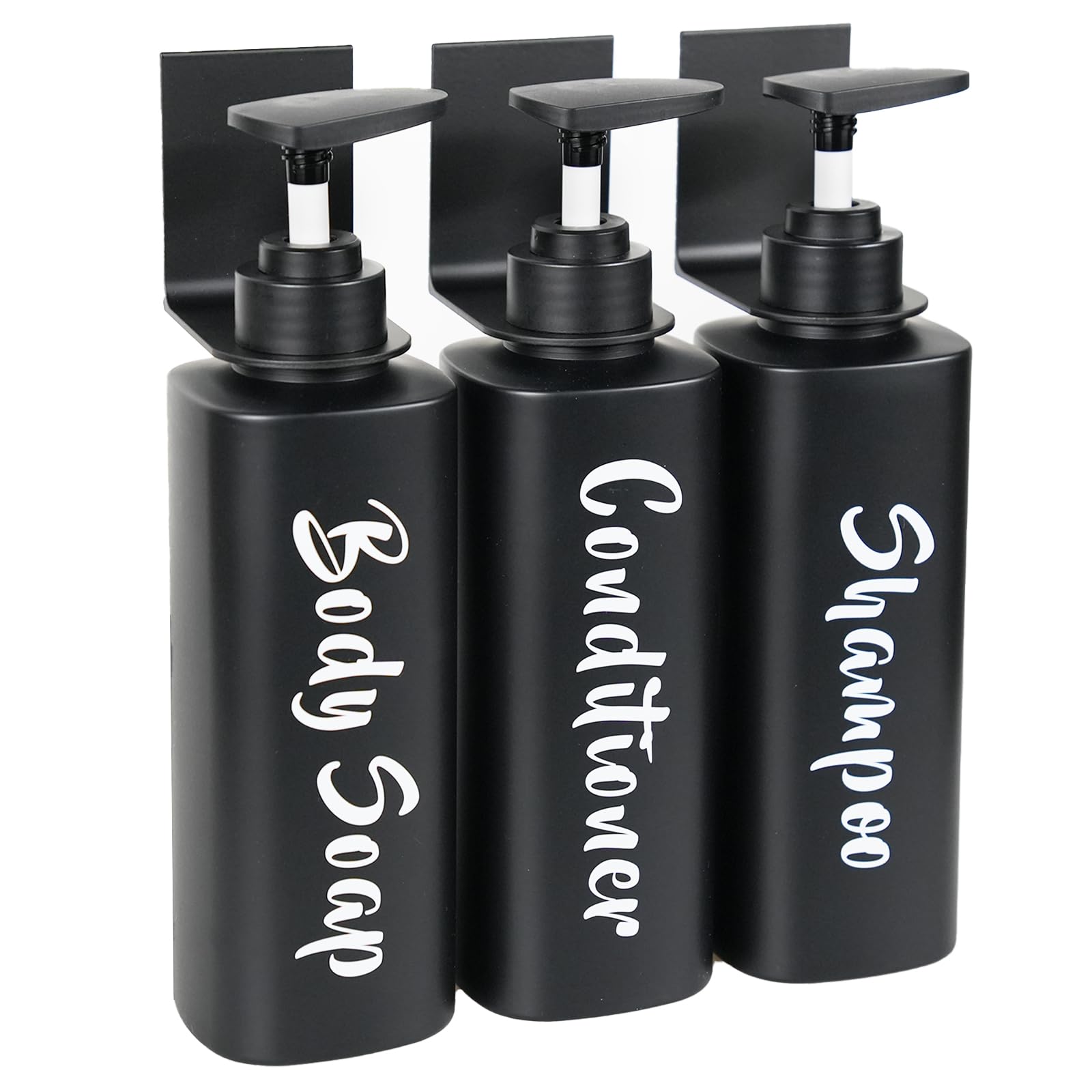 AUMIO Shampoo and Conditioner Dispenser - Shower Soap Dispenser Wall Mounted - 16.9oz Set of 3 Matte Black Plastic Bottles with Pump - Drill Free