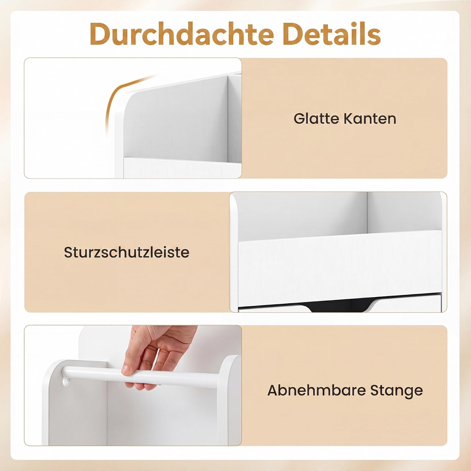 COSTWAY Rollcontainer mit 3 Schubladen, Rollwagen auf Rollen (Weiß) | Bastelwagen mit 2 Rollstangen & 3 Fächern, Bastelschrank aus Holz, Schreibtisch Unterschrank, Bürocontainer für Zuhause, Büro