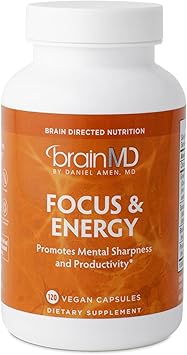 BRAINMD Dr Amen Focus & Energy - 120 Capsules - Mental Endurance Booster, Promotes Concentration & Attention - Caffeine Free, Gluten Free - 30 Servings