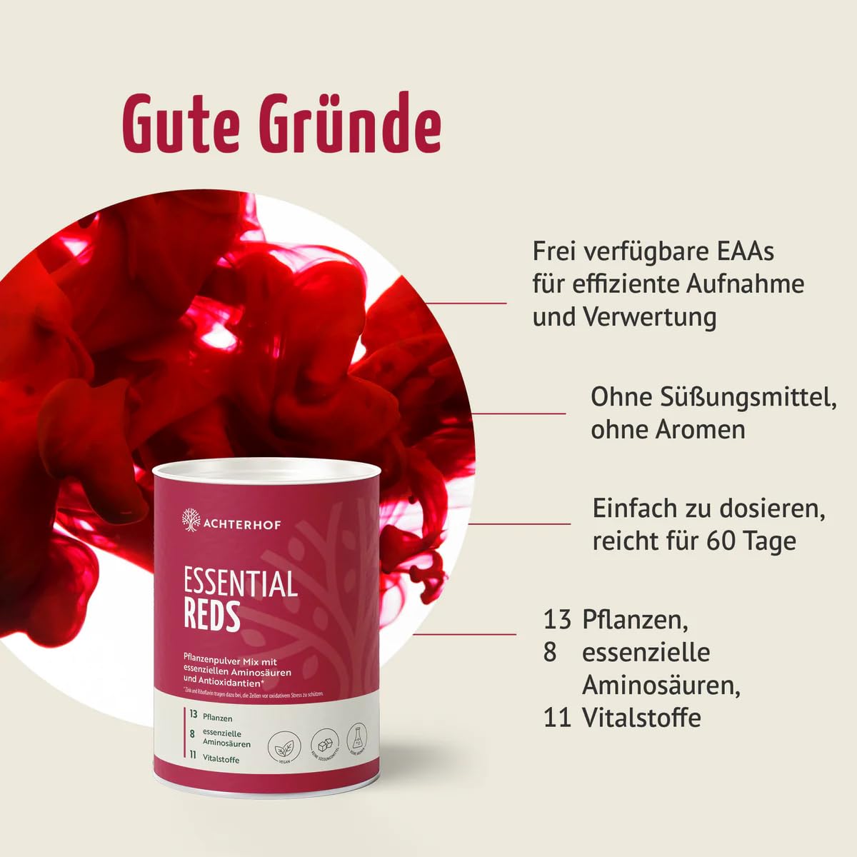 Essential Reds Pulver 360g | Superfood aus roten Beeren und Gemüse | rote Beeren, Antioxidantien, essentielle Aminosäuren und Vitalstoffe | für 60 Tage | Achterhof
