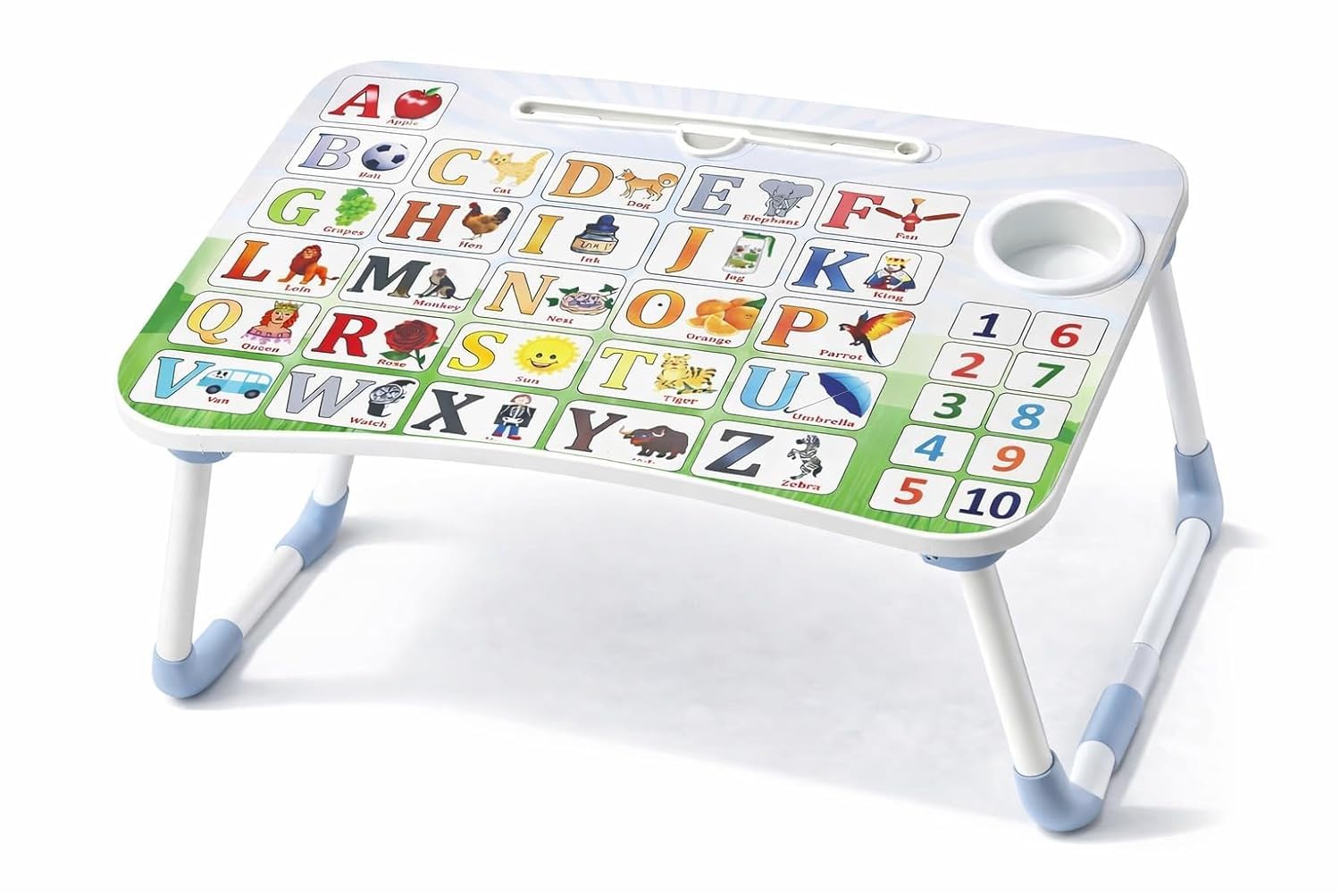 Printed Wooden Study Desk for Kids, Foldable & Portable Laptop Table for Bed, Large Kids Activity Table with Non-Slip Legs, Multipurpose Breakfast Tray & Picnic Table (ABCD)-image-0