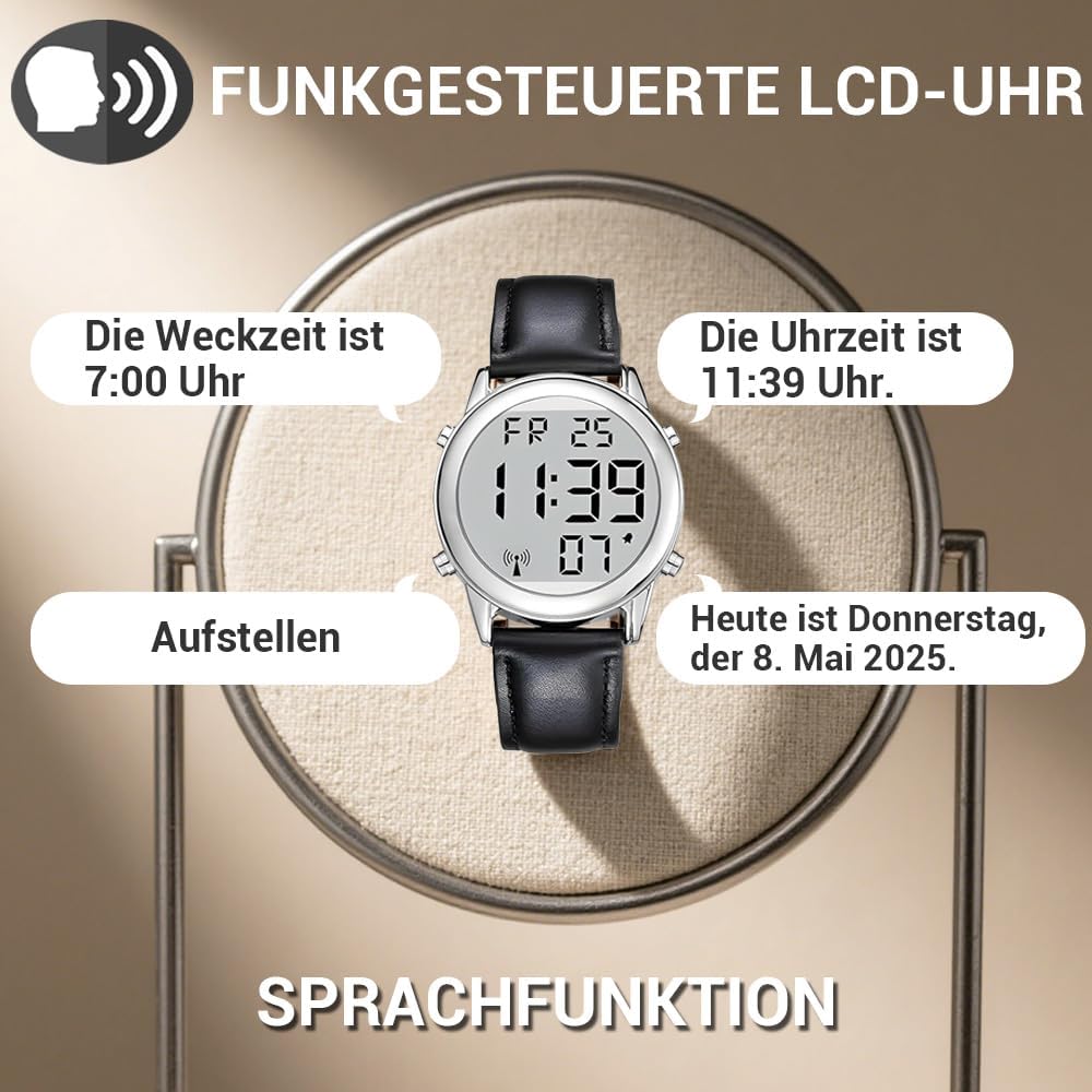 Orologio da polso da uomo parlante tedesco, orologio da polso radio, LCD, grande numero, facile da leggere, visualizzazione data e ora, per ciechi, anziani e malati di demenza