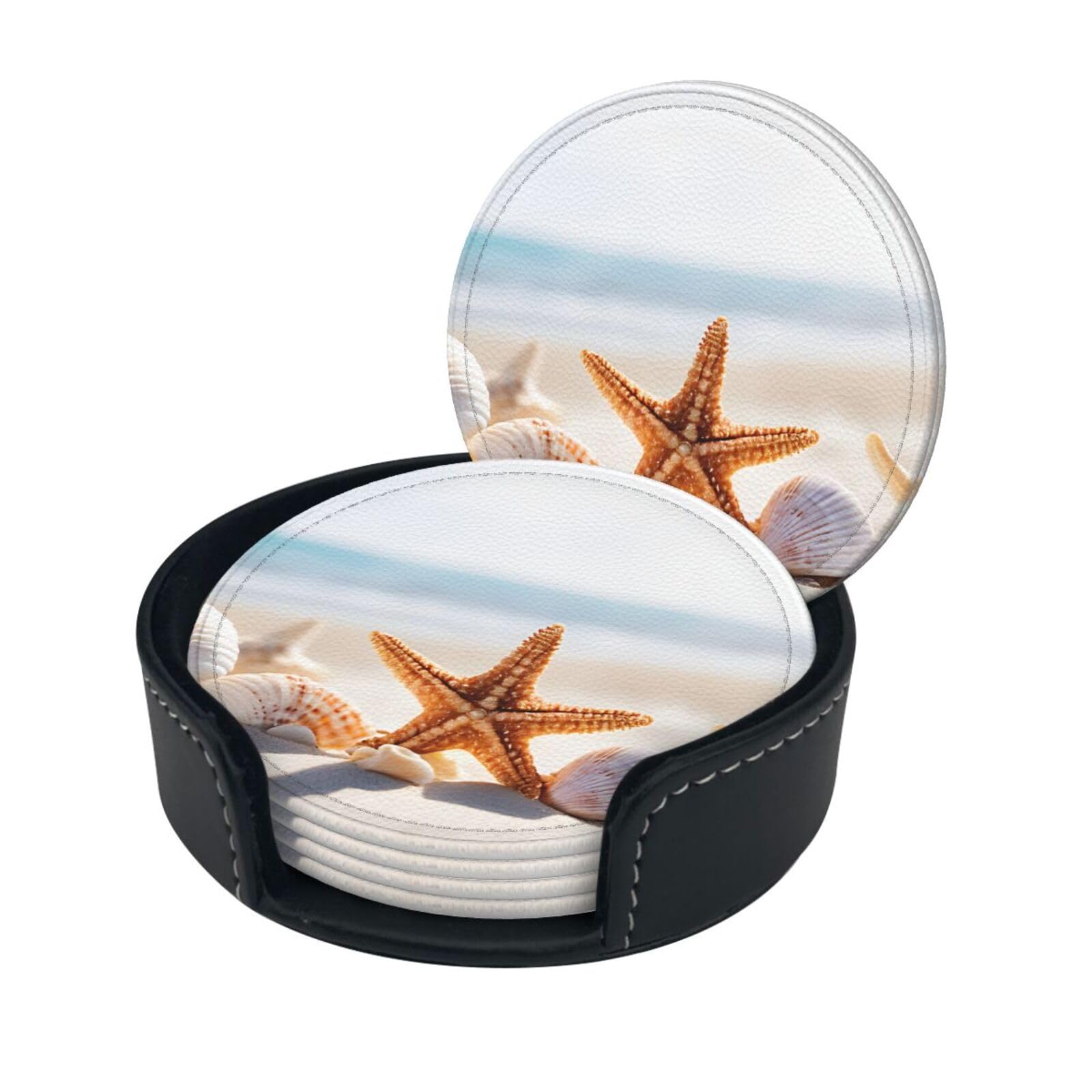 Beach Theme Print Coaster,Round Leather Coasters with Storage Box for Wine Mugs,Cold Drinks and Cups Tabletop Protection (6 Piece)