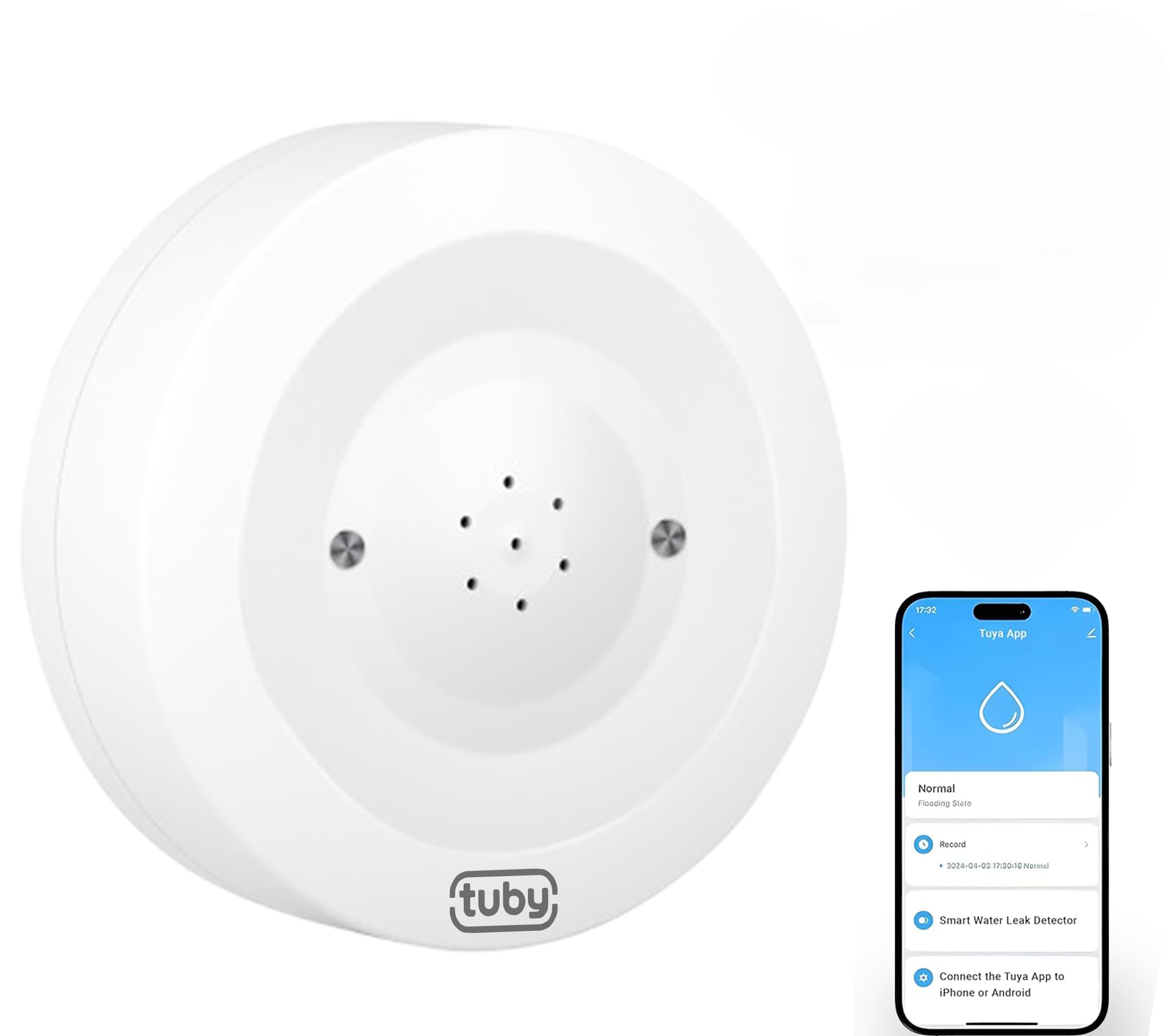 TUBY Detector de fugas de agua WiFi, no requiere concentrador, fácil instalación, sensor inteligente para el hogar, sótano, cocina, baño, sensor de humedad, inalámbrico, IP55, 80 dB, alarma de