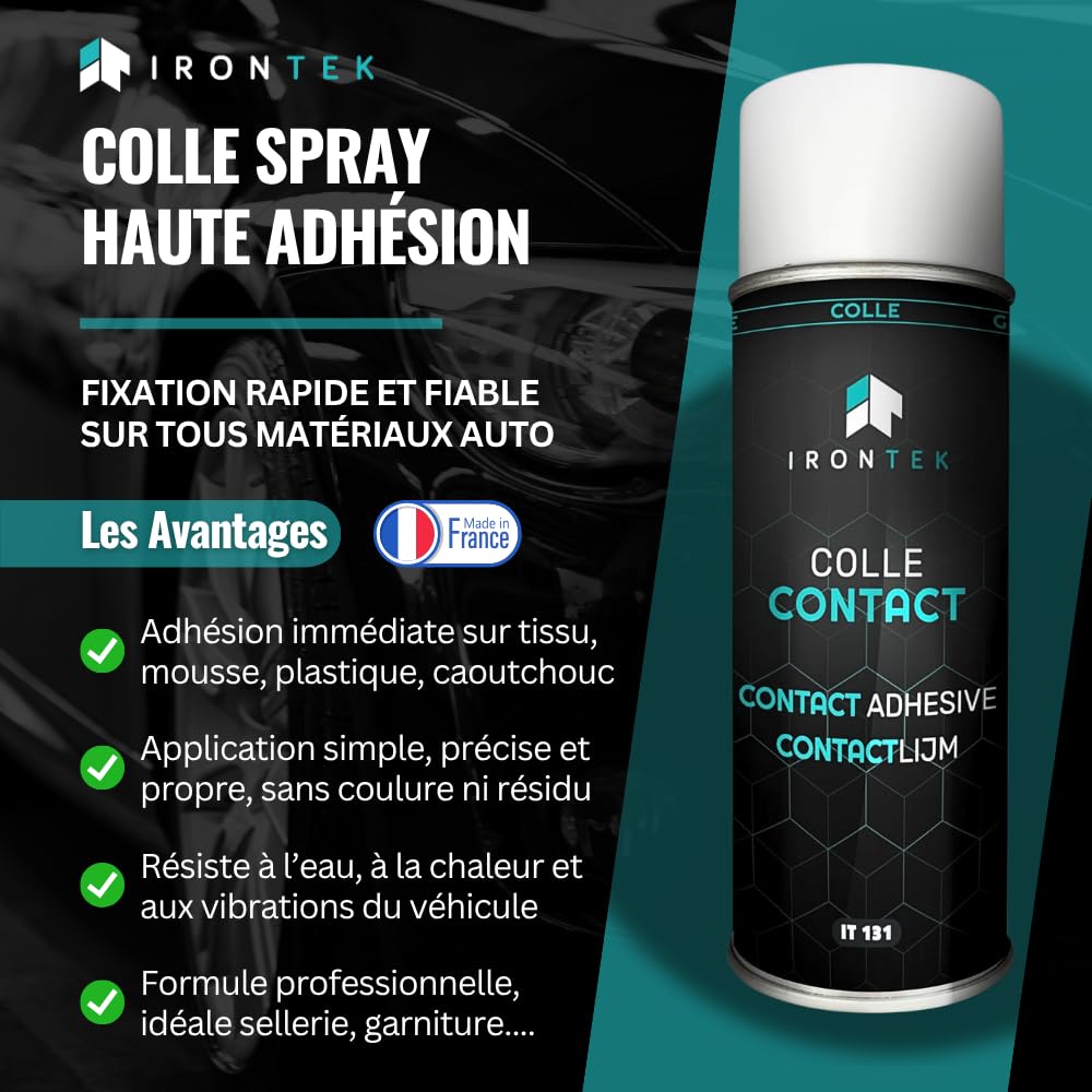 Colle Néoprène Aérosol 400ml - IRONTEK | IT131 | Haute adhérence Multi-supports Repositionnable | Séchage Express Résiste à l’eau | Réparation Tissu Mousse Isolation Plafond Voiture