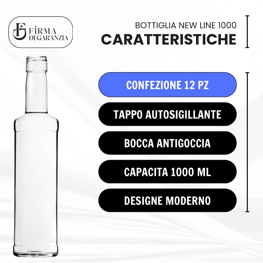 FDG - Bottiglia per acqua in vetro vuote 1 L - Set da 12 Bottiglia New Line in Vetro con Tappo a vite 1 L - Bottiglie da tavola stile MODERNO ed elegante - Bottiglie per acqua succhi e liquori
