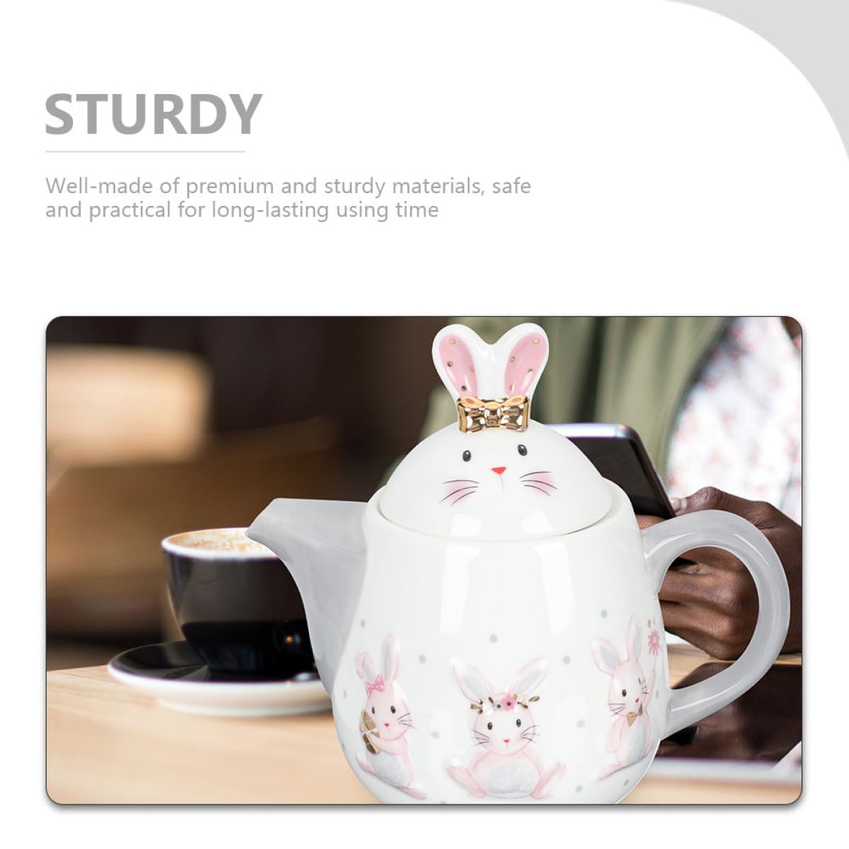 VICASKY Théière en Céramique 1 Pièce Lapin de Pâques sans Trou de Filtre, Pichet Décoratif Blanc Relief, Bouilloire Légère pour Thé et Boissons, Ustensile la Cuisine Design et Usage