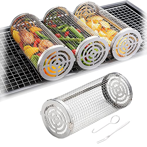 Cestino per Grigliare Antiaderente in Acciaio Inox 304 con Ruote, Ideale per Barbecue, Campeggio, Pesce, Verdure e Carne - Perfetto per Barbecue e Picnic.