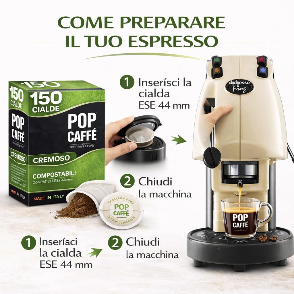 POP Caffè Cialde ESE 44 Compostabili – 150 Cialde Caffè Miscela Rossa Cremosa, Espresso Intenso, Compatibili con Macchine ESE 44mm