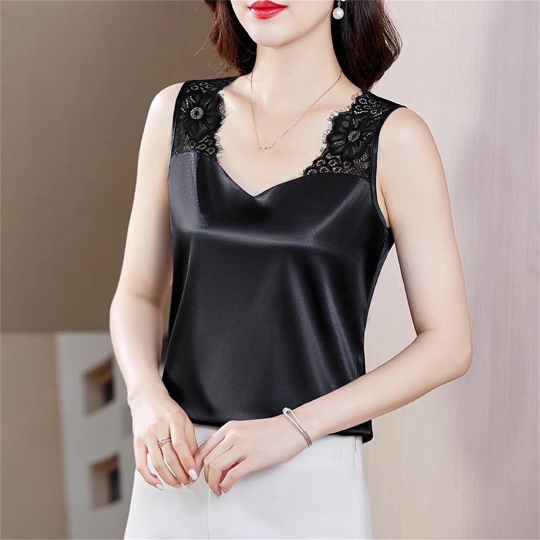 Camicette da donna in seta canotte in pizzo tinta unita senza maniche gilet in raso allentato
