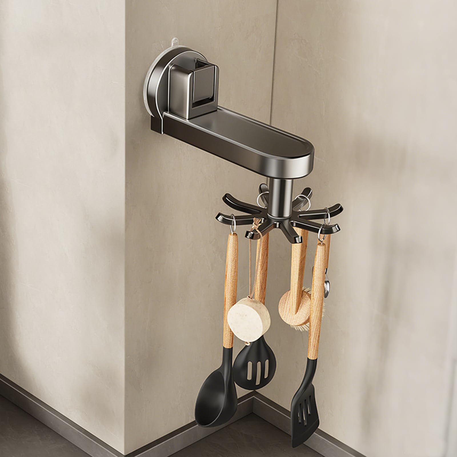ONXE Suction Cup Kitchen Utensil Holder,No Drilling No Damage Utensils Hanging Rack, 360° Rotating Heavy Duty Hooks for Walls for Cutting Boards/Pots/Spatula Cooking Tools (Gunmetal Gray, 8 Hooks)