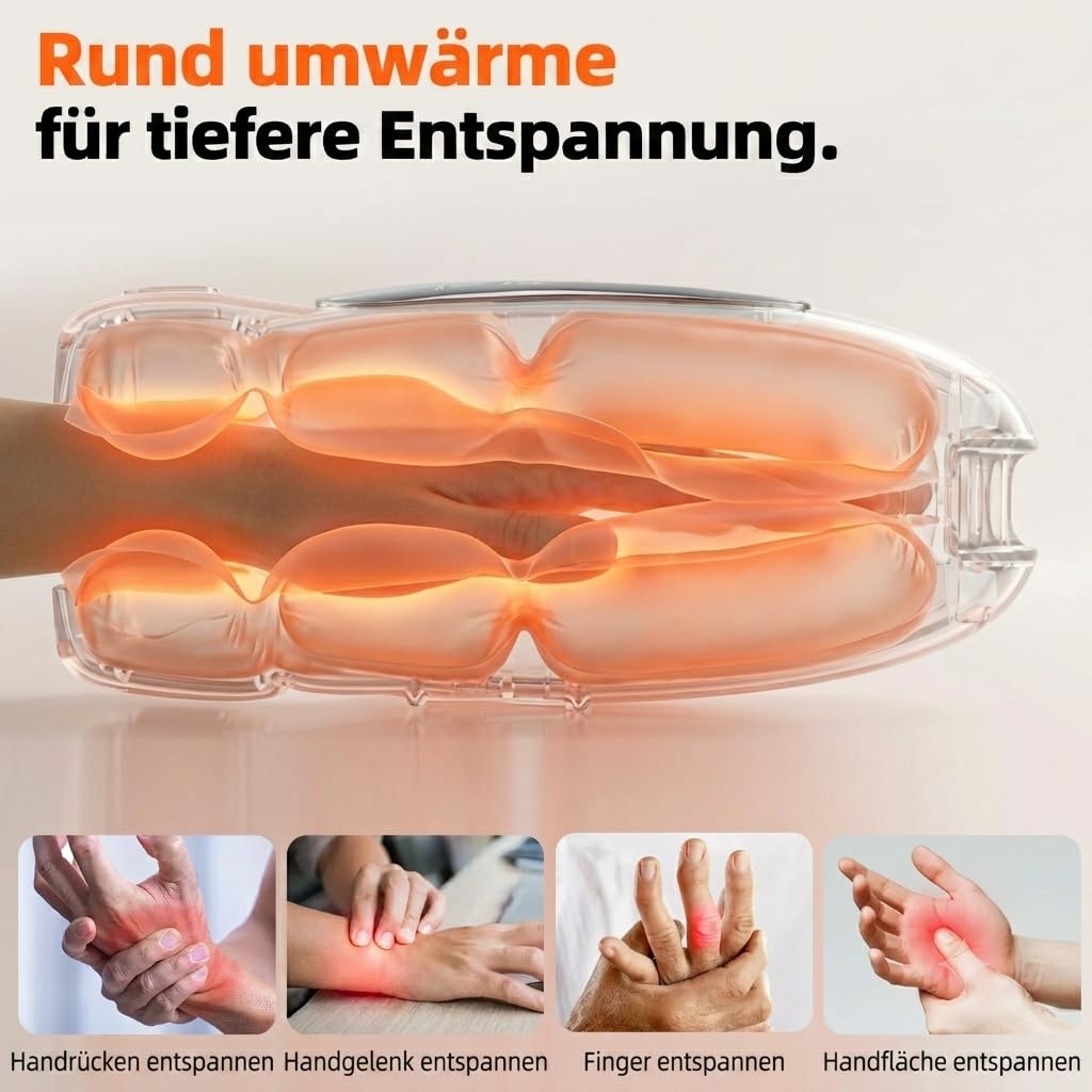Handmassagegerät mit Wärme und Kompression, Elektrisches Handmassagegerät mit 3-Zonen-Drucksystem & 360° Wärme, NTC Temperaturregelung, Hand Massager für Zuhause, Geschenk für Frauen und Männer