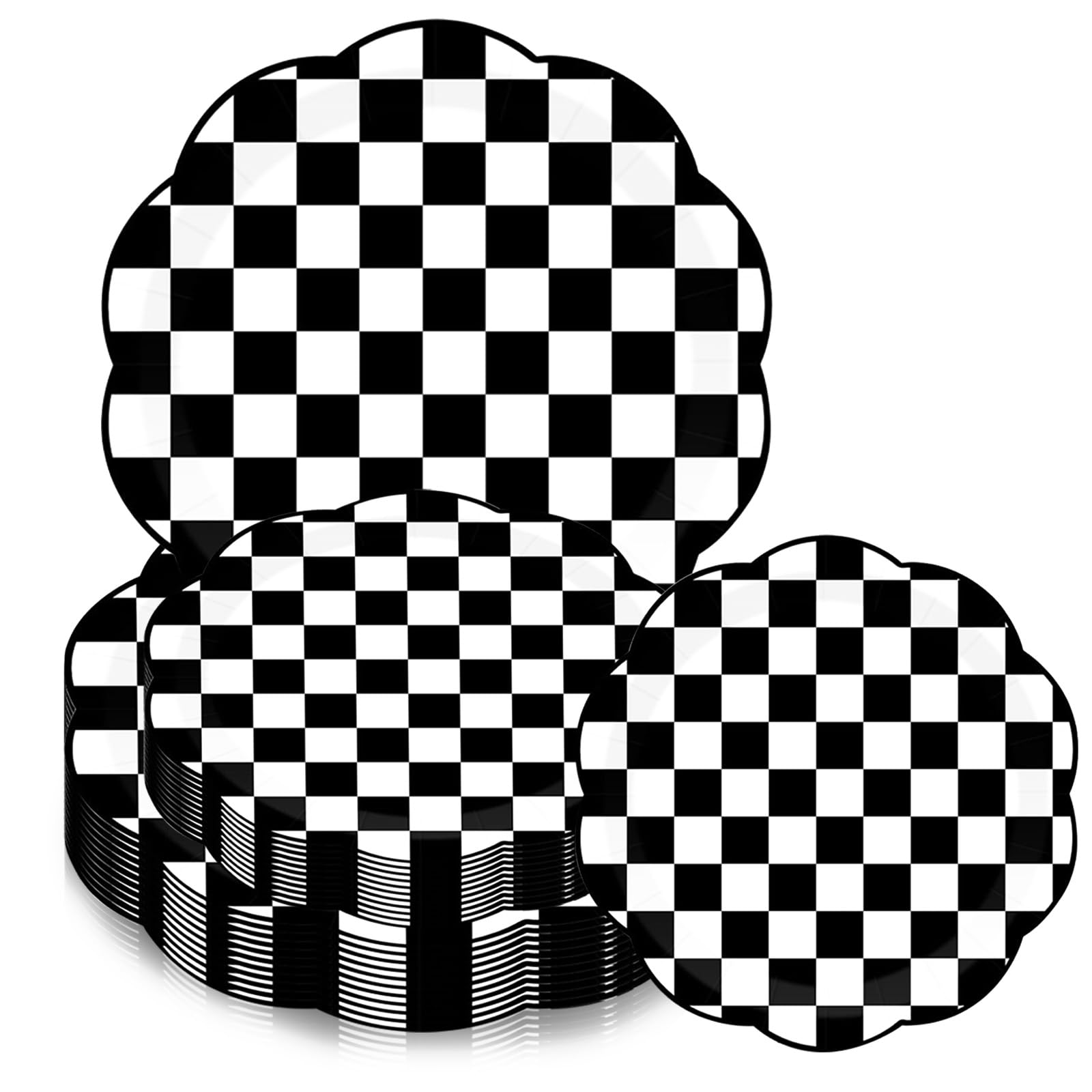 40pcs White and Black Gingham Paper Plates Disposable Party Tableware Set,7/9 Inch Plaid Plate Scalloped Checkered Dessert Plates for Boys Birthday Dinner Picnic Racing Car Themed Party Supplies