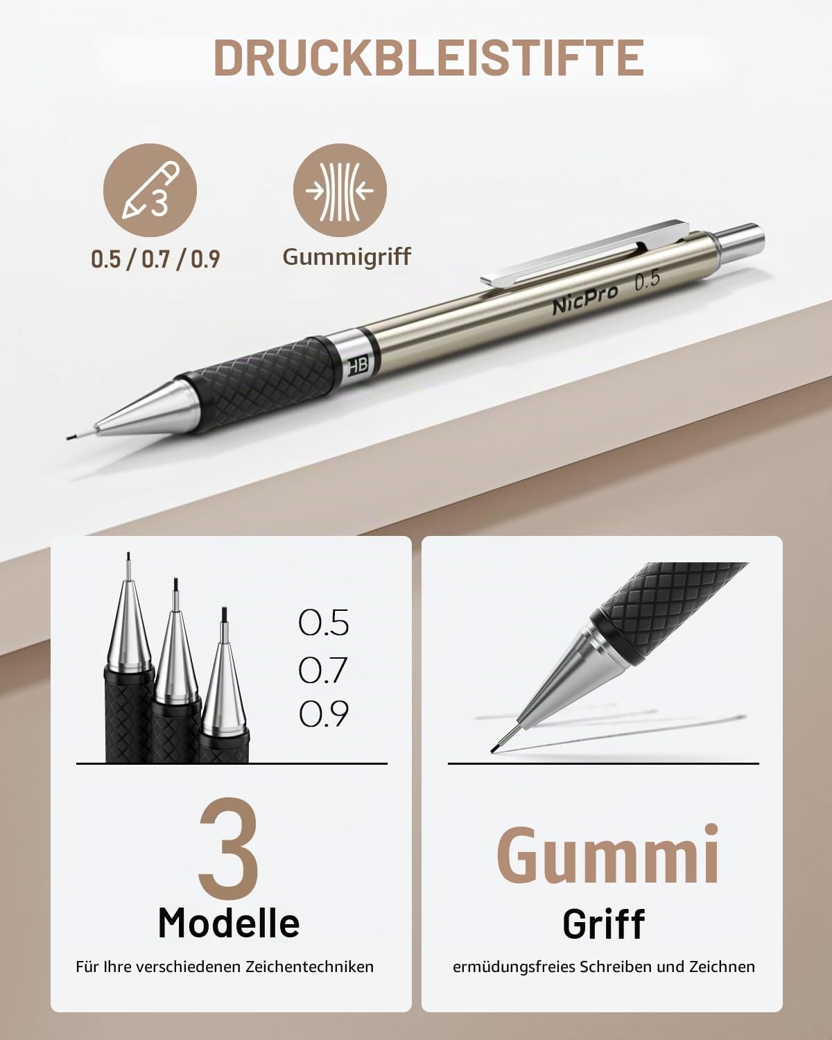 Nicpro 30 Stück Kunst Druckbleistifte Set mit Ledertasche, Metall Bleistifte 0,5, 0,7, 0,9, 2 mm mit 16 Tuben (6B 4B 2B HB 2H 4H CR) Minen (Schwarz und Farben), Zeichenstifte für Skizzieren, Zeichnen