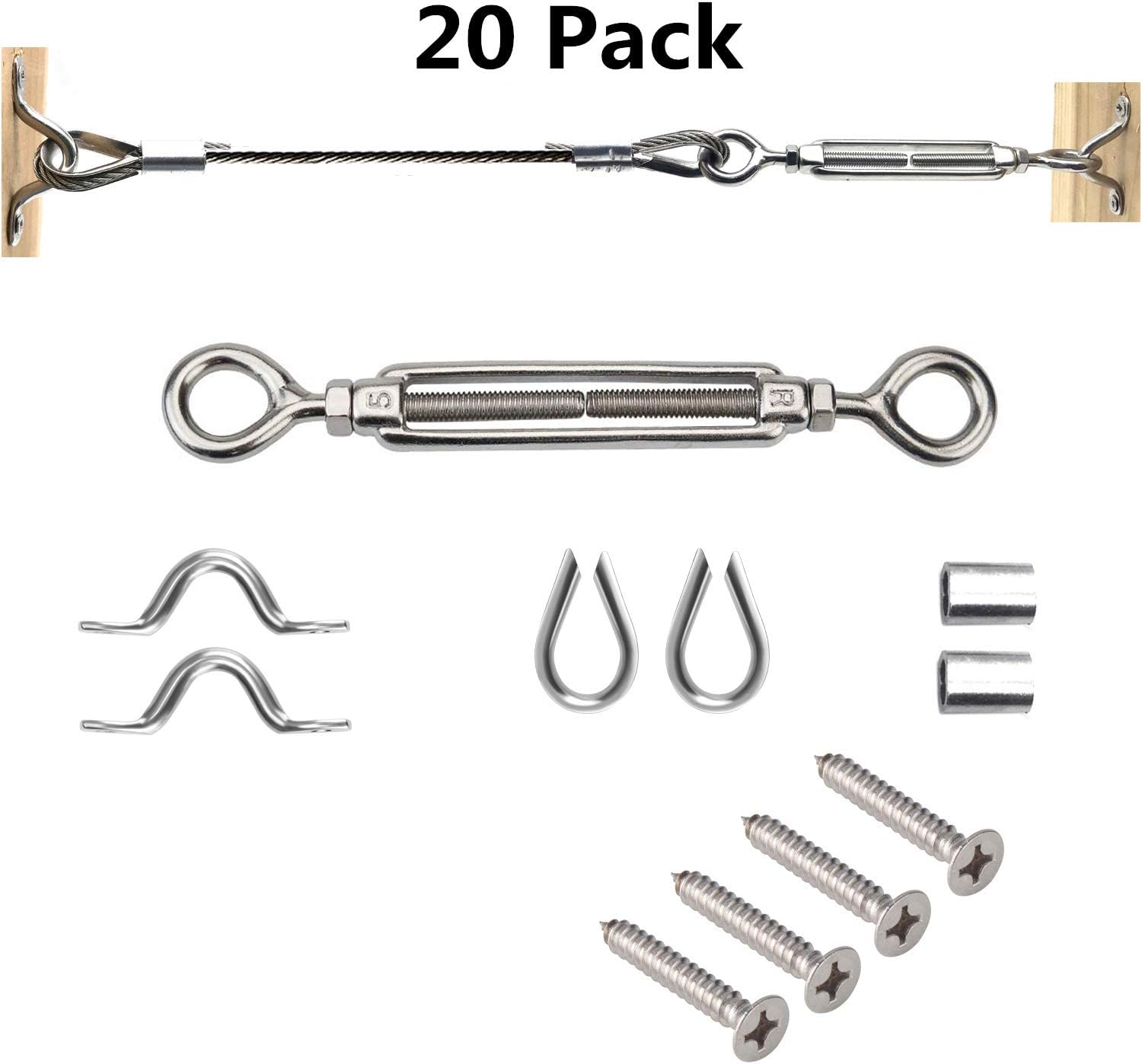 20-Pack Cable Railing Kits, 1/8 Heavy Duty Stainless Steel Cable Railing Hardware, for Wood Posts, DIY Balustrade, with Jaw Turnbuckles Installation Guide